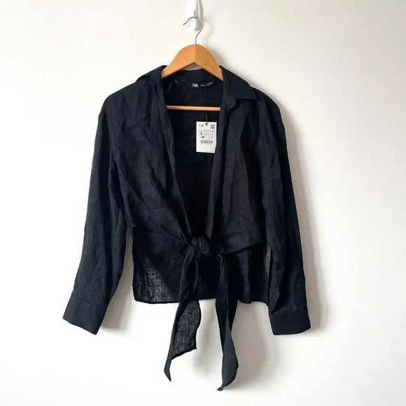 Zara Linen Tie Shirt With Knot Black NWT Size Small - Picture 8 of 11